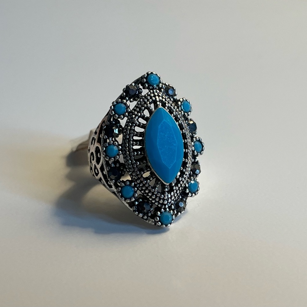 Boho Turquoise Colored Silver Tone Ring, Cocktail Statement Ring